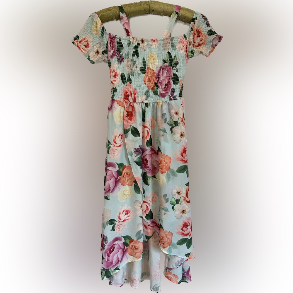 Blue Floral Summer Dress High Low Short Sleeve Cold Shoulder 14 Sundress Formal